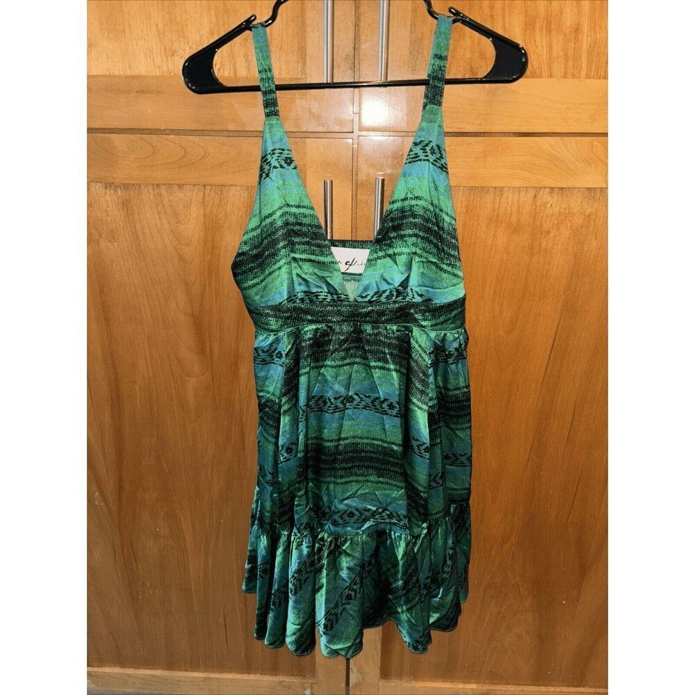 YaYa Aflalo Silk Emerald Snake Dress M Adjust Strap Pockets V Neck